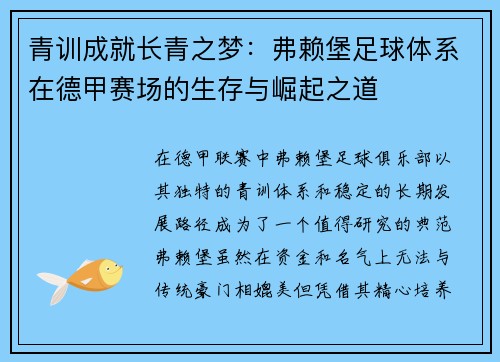 青训成就长青之梦：弗赖堡足球体系在德甲赛场的生存与崛起之道